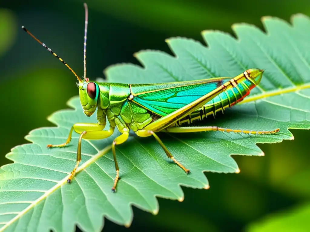 Detallada imagen de saltamontes verde sobre hoja, mostrando la belleza intrincada de este insecto