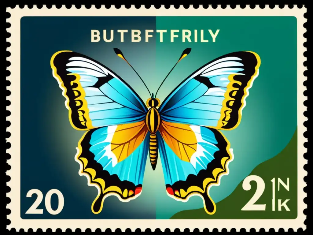 Detalle colorido: Sello vintage de mariposa Una detallada imagen de un sello vintage con una colorida mariposa, resaltando el valor histórico de la colección de sellos de insectos