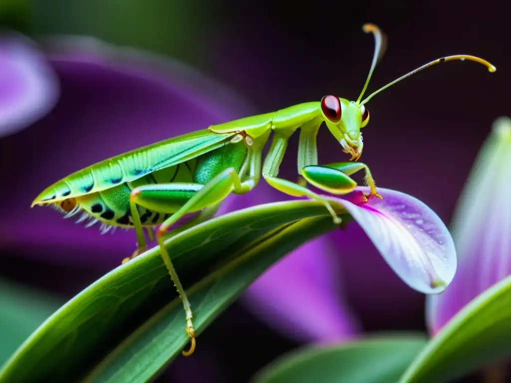 Detallada imagen de una mantis orquídea metálica verde vibrante camuflada en una flor púrpura