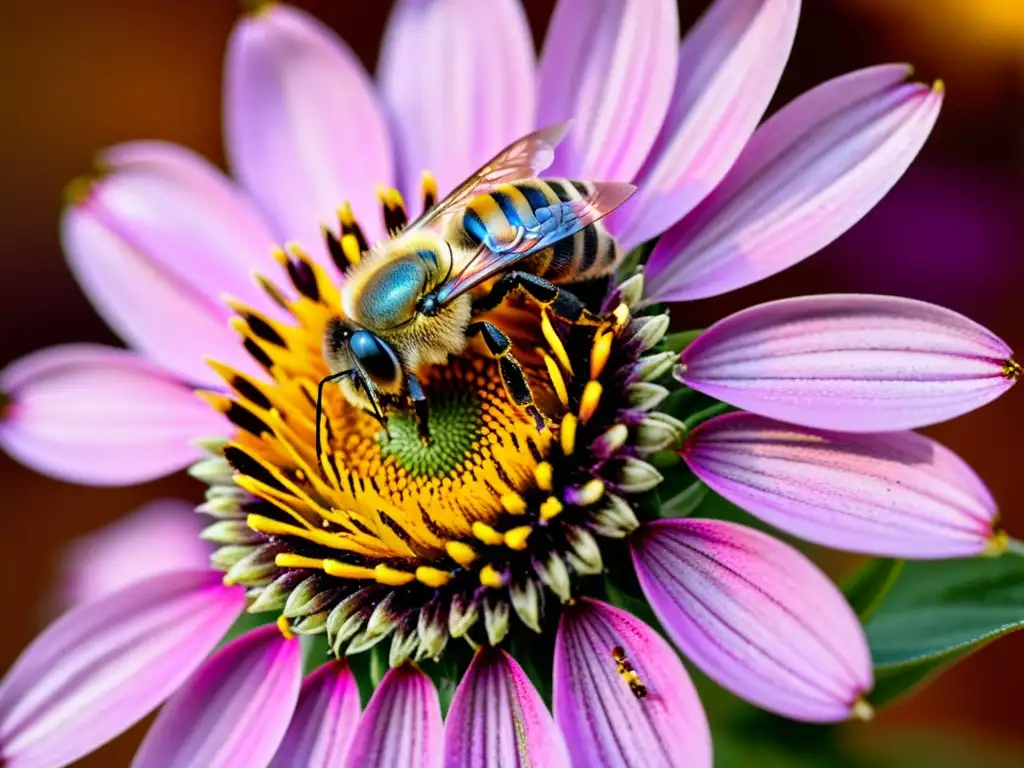 Detallada imagen de una vibrante abeja cubierta de polen sobre una flor morada, resaltando la importancia de los insectos polinizadores