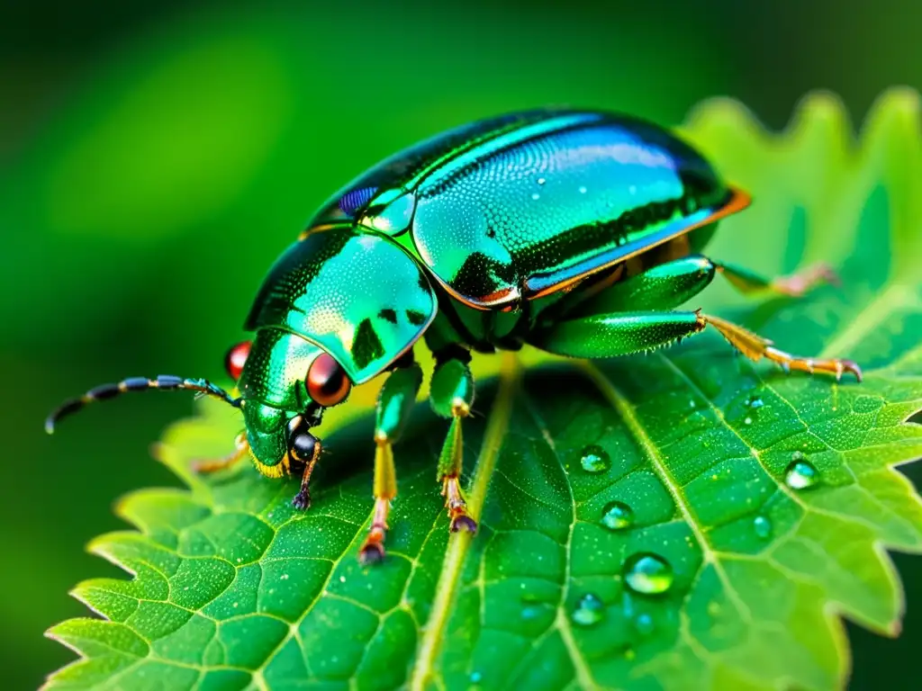 Detallada imagen de un vibrante escarabajo verde sobre una hoja rocío