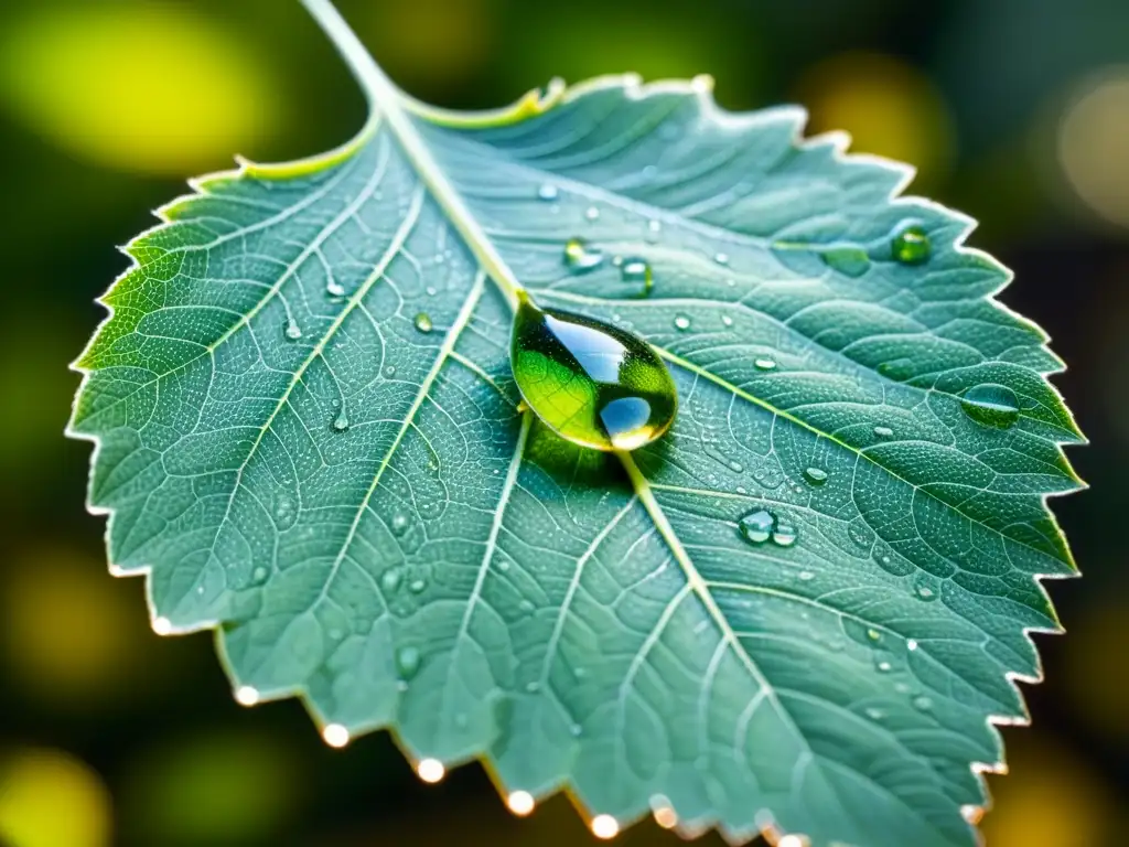 Detallada imagen de una vibrante hoja verde con gotas de rocío, venas y un insecto colorido