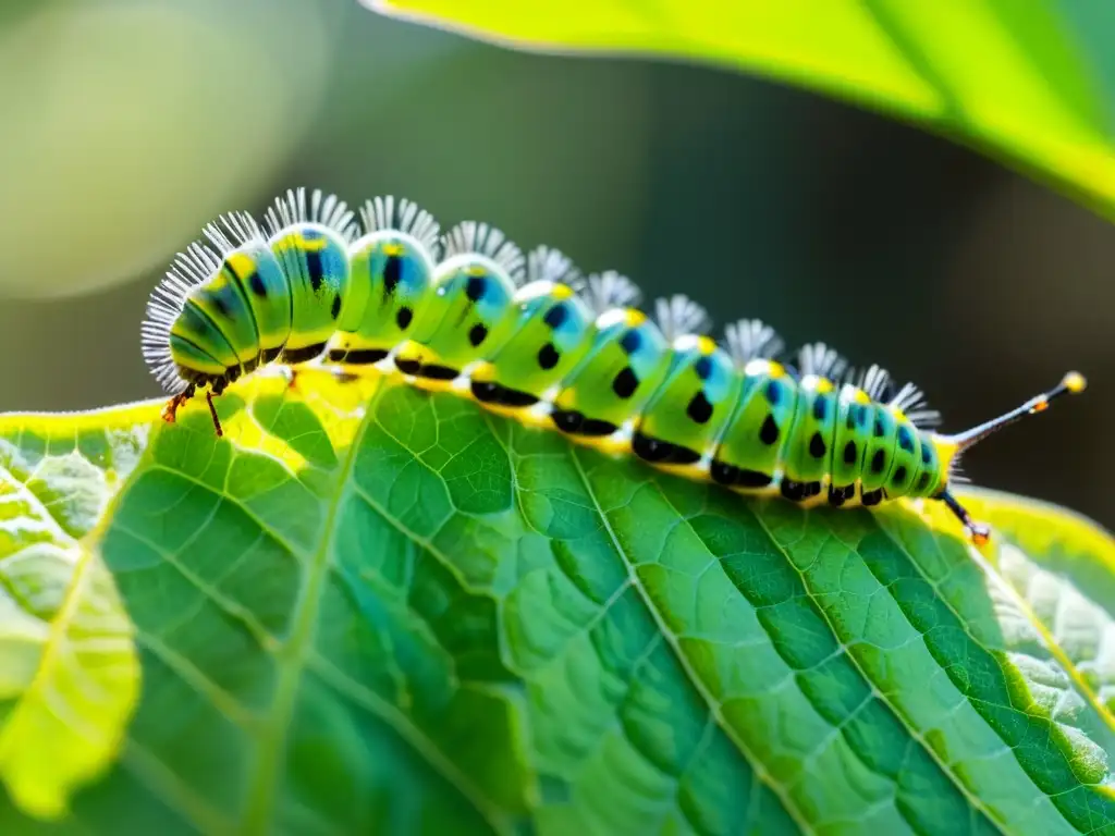 Una detallada imagen de una vibrante oruga verde con manchas negras y amarillas, explorando una hoja al sol