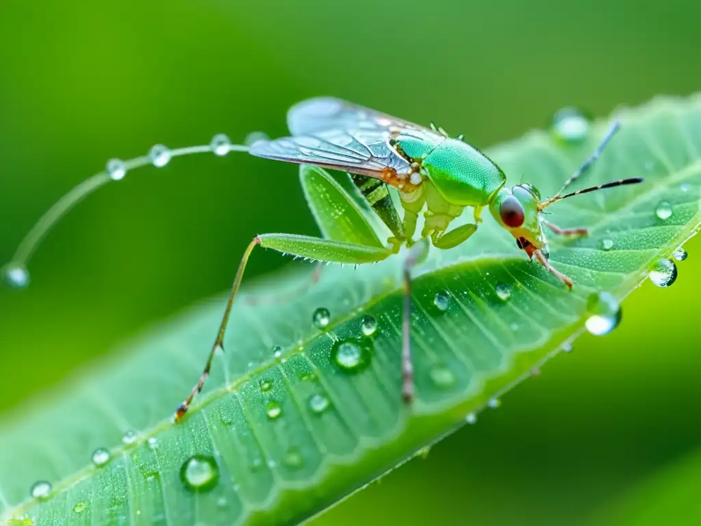 Detallada imagen de un vibrante pulgón verde sobre una hoja de hierba con rocío, mostrando la importancia de los insectos en ecosistema