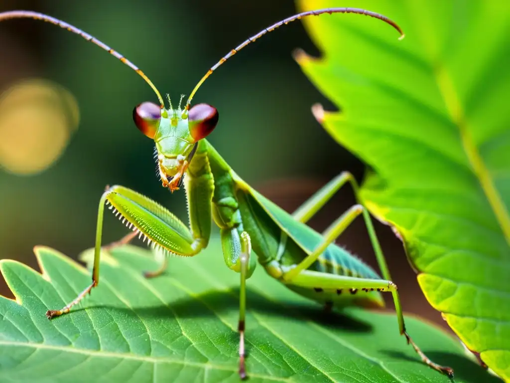 Detallada imagen de una vibrante mantis religiosa verde en una hoja