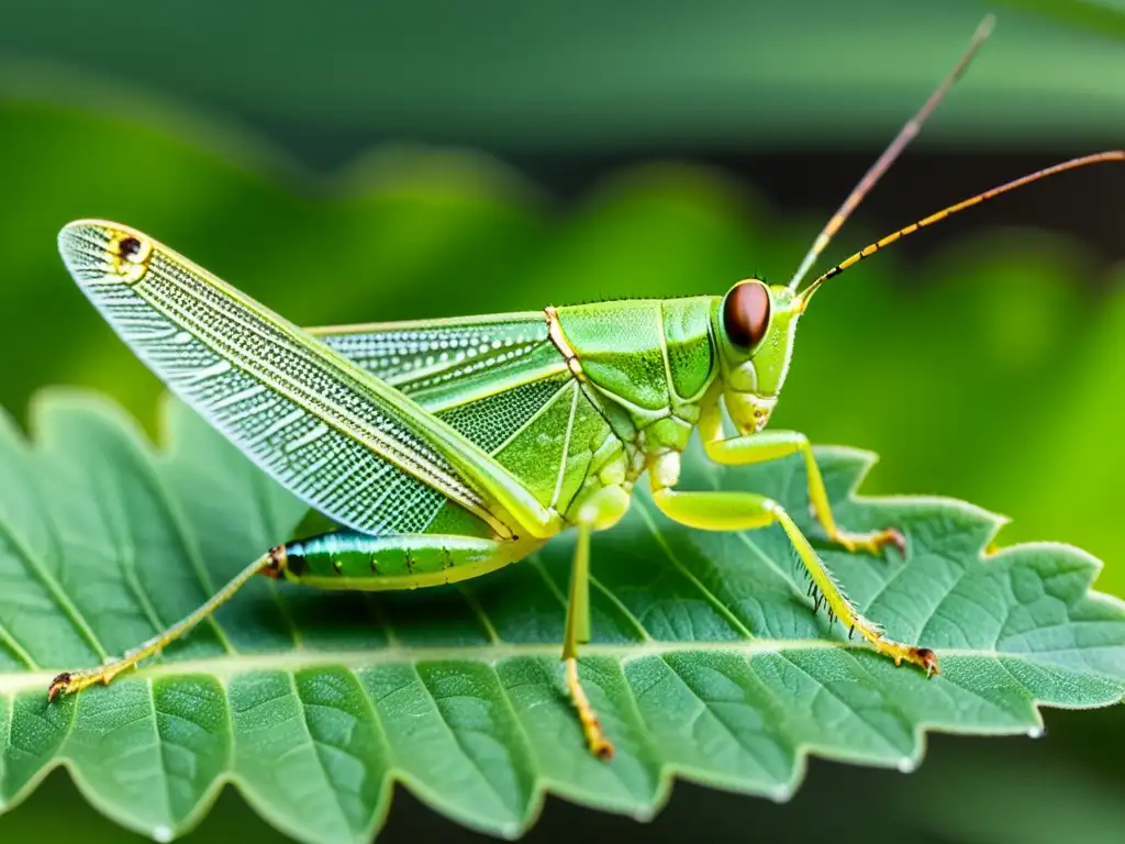 Detallada imagen de un vibrante saltamontes sobre una hoja