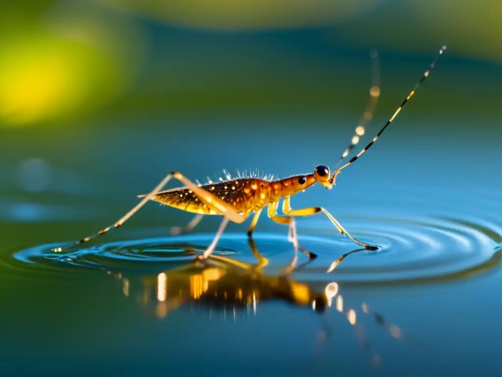 Detallada imagen de un zapatero de agua en un estanque, resaltando la importancia de los insectos en la purificación del agua