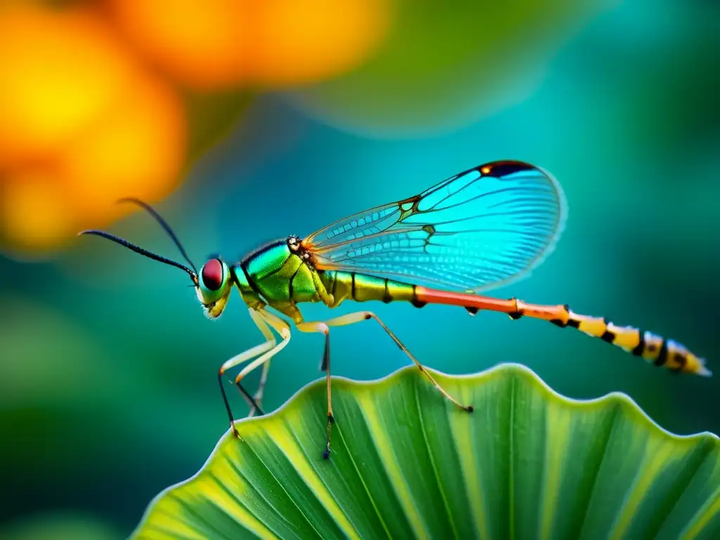 Detallada fotografía submarina de insectos acuáticos en un vibrante escenario subacuático, mostrando un insecto colorido sobre una planta sumergida