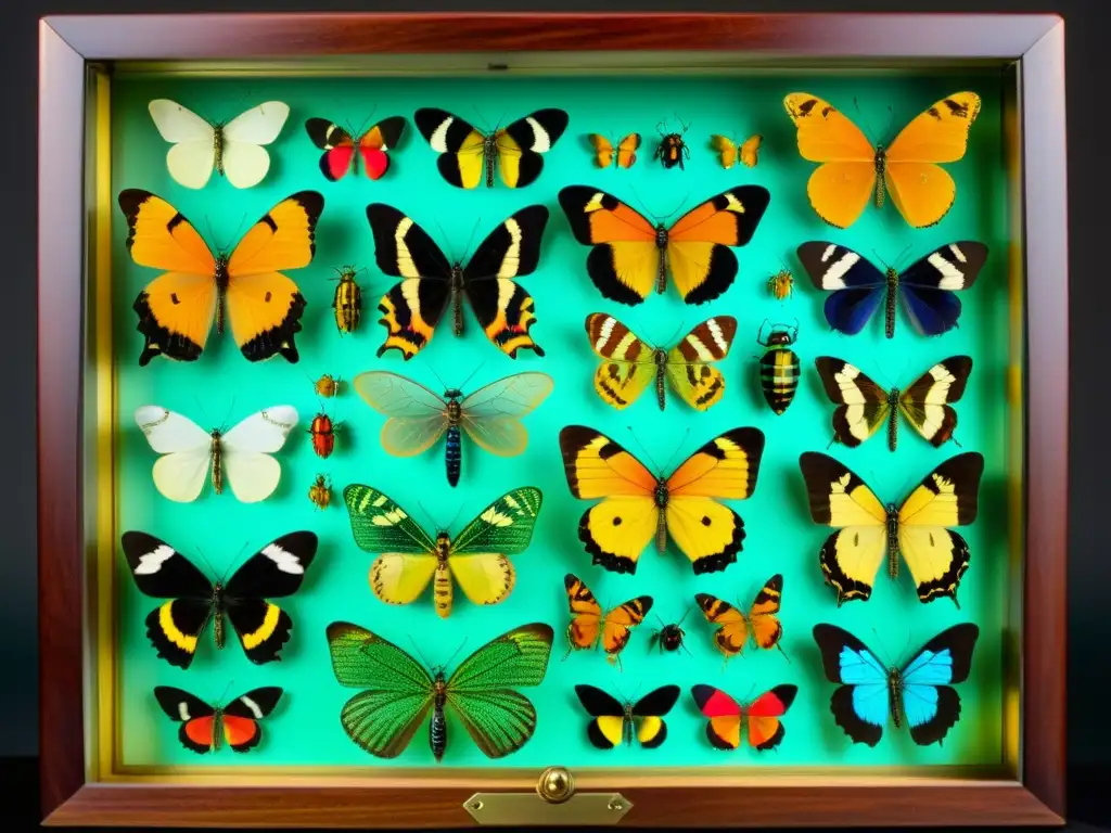 Una detallada colección de insectos en un antiguo y elegante expositor de cristal, evocando la historia moderna del coleccionismo de insectos