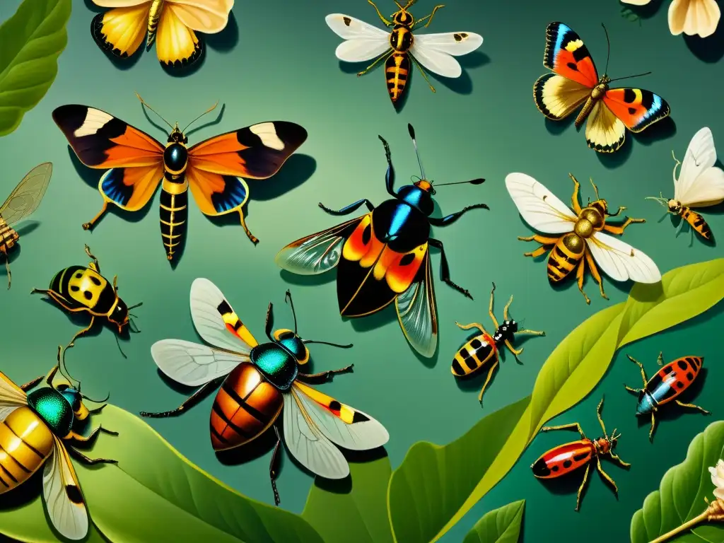 Detallada pintura barroca de insectos en arte y cultura: escarabajos, mariposas y libélulas en ricos colores y trazos finos