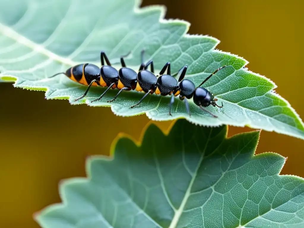 Detallada simbiosis entre hormigones y hormigas en una hoja: las hormigas protegen y cuidan de los pulgones verdes, recolectando su dulce miel