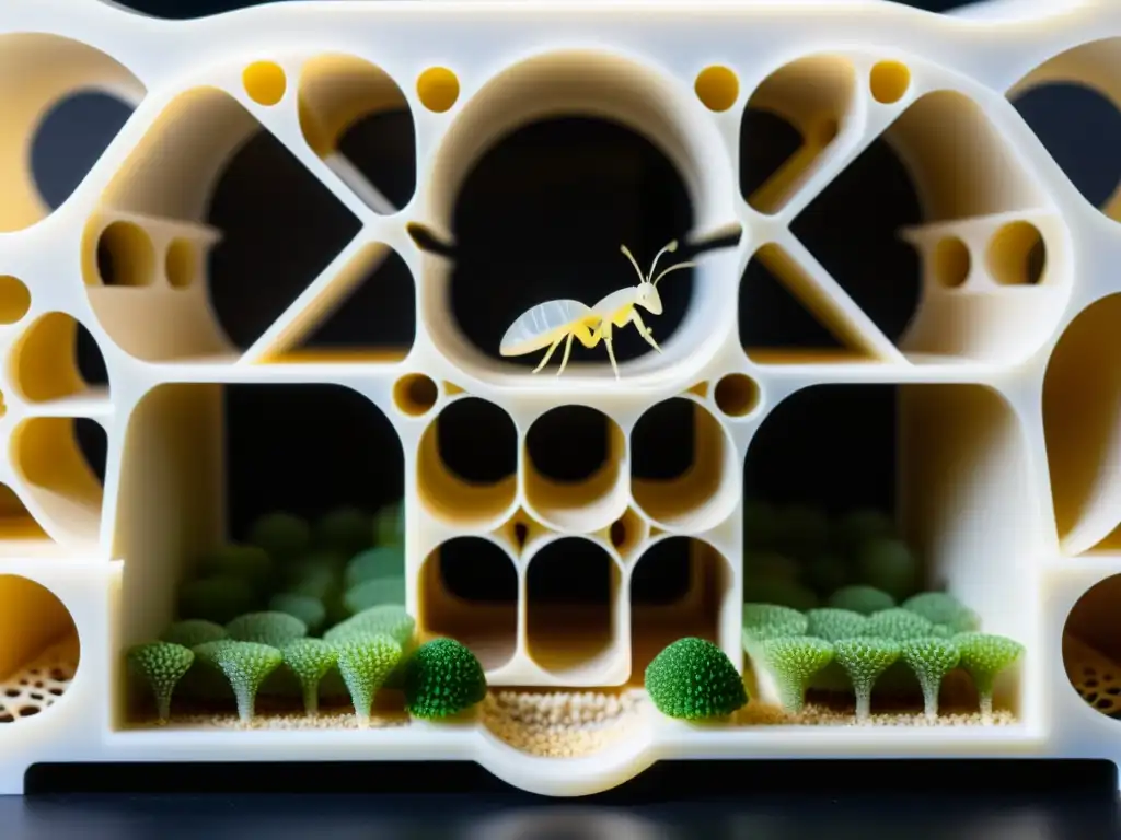 Detallado hábitat artificial para insectos en 3D, con niveles, túneles y cámaras, habitado por pequeños insectos