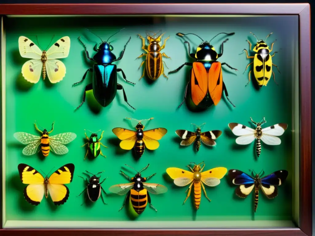 Un detallado y fascinante escaparate de insectos de estilo victoriano, resaltando la meticulosidad y la belleza de colecciones de insectos históricas