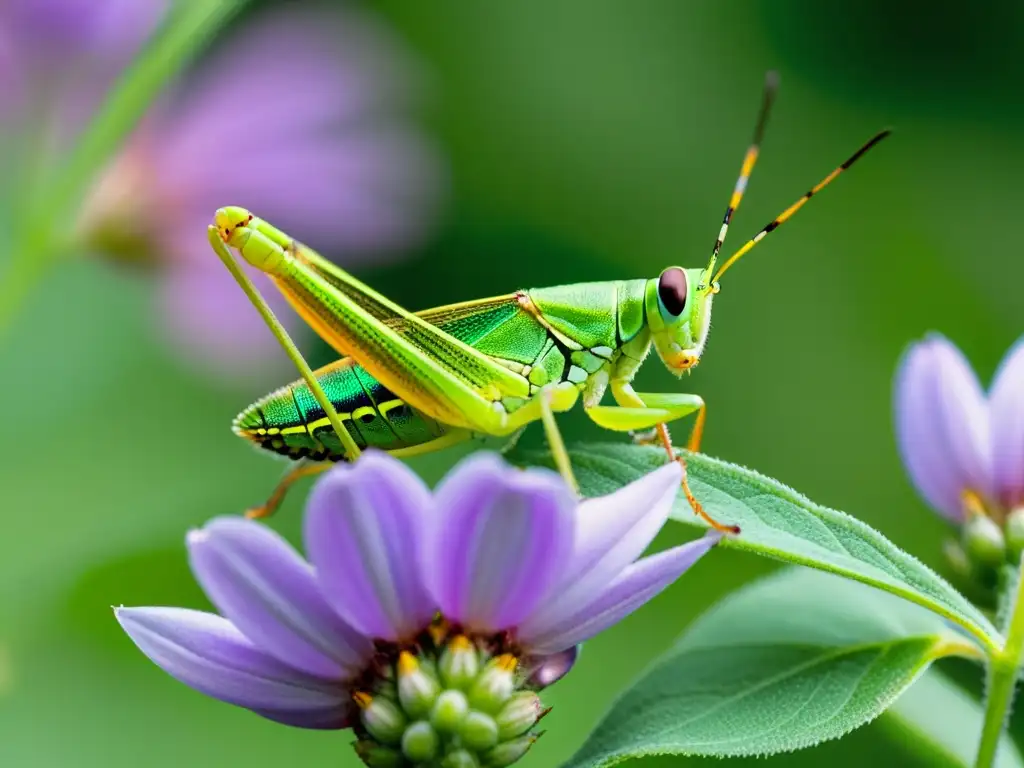 Un detallado macro de un saltamontes verde posado en una delicada flor morada