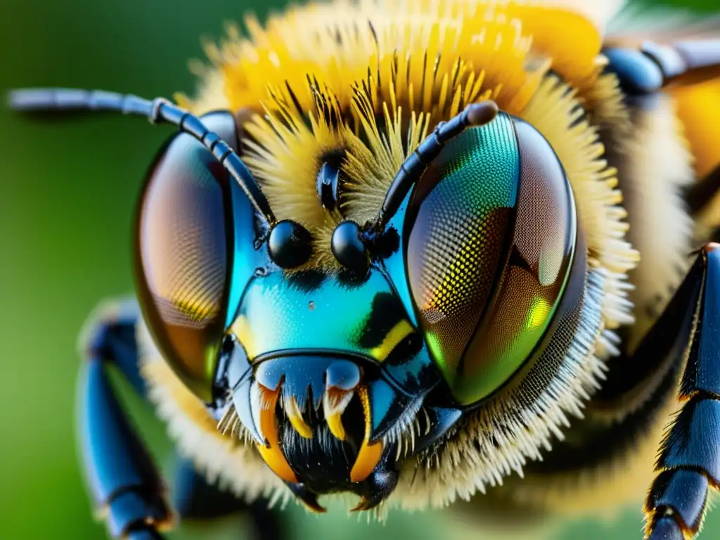 Detallado ojo compuesto de abeja, con patrón hexagonal, reflejando su entorno