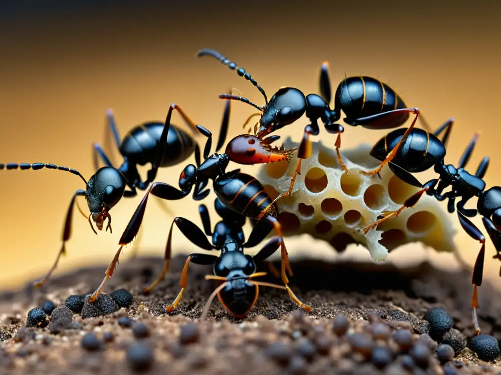 Un detallado primer plano de hormigas trabajando juntas para transportar comida, destacando la importancia de la vida social en insectos