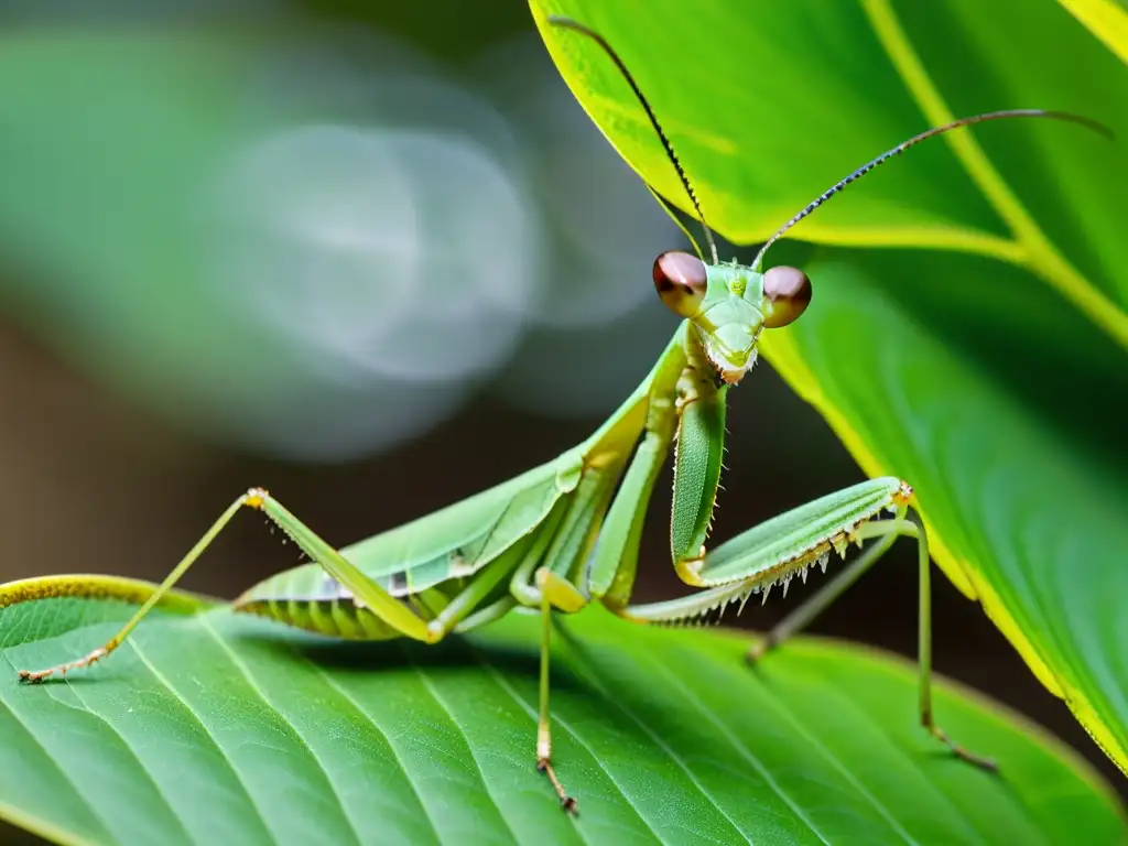 Un detallado primer plano de una mantis religiosa en una hoja verde, mostrando su exoesqueleto y ojos compuestos