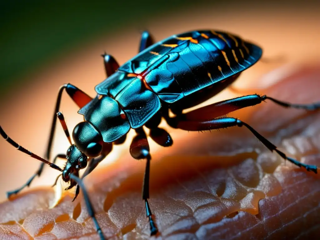 Un detallado primer plano de un chinche triatomíneo en la piel de una persona dormida, alimentándose de sangre