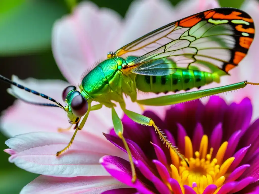 Un detallado primer plano de un vibrante insecto lacewing verde posado en un delicado pétalo de flor rosa