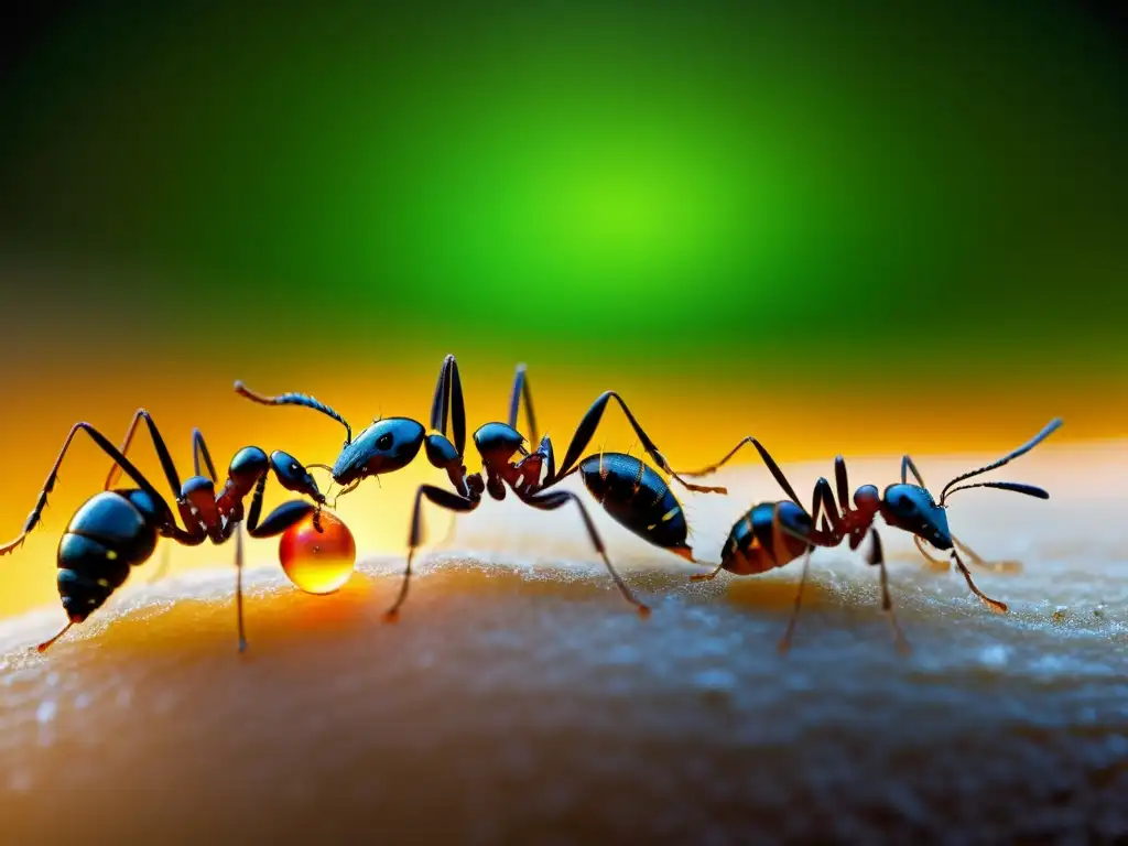 Un detallado retrato de hormigas siguiendo una senda de feromonas, destacando la comunicación química entre insectos