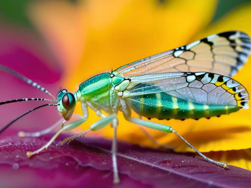 Un detallado retrato de un insecto crisopa verde con alas translúcidas, posado en un pétalo de flor multicolor