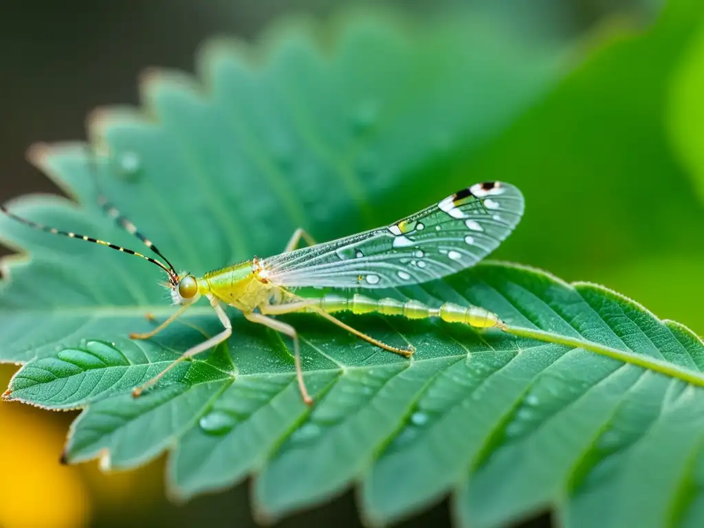 Un detallado retrato de un insecto crisopa verde posado en una hoja, mostrando sus intrincados patrones alares y alas translúcidas, con diminutos pelos y marcas iridiscentes bajo la lente macro