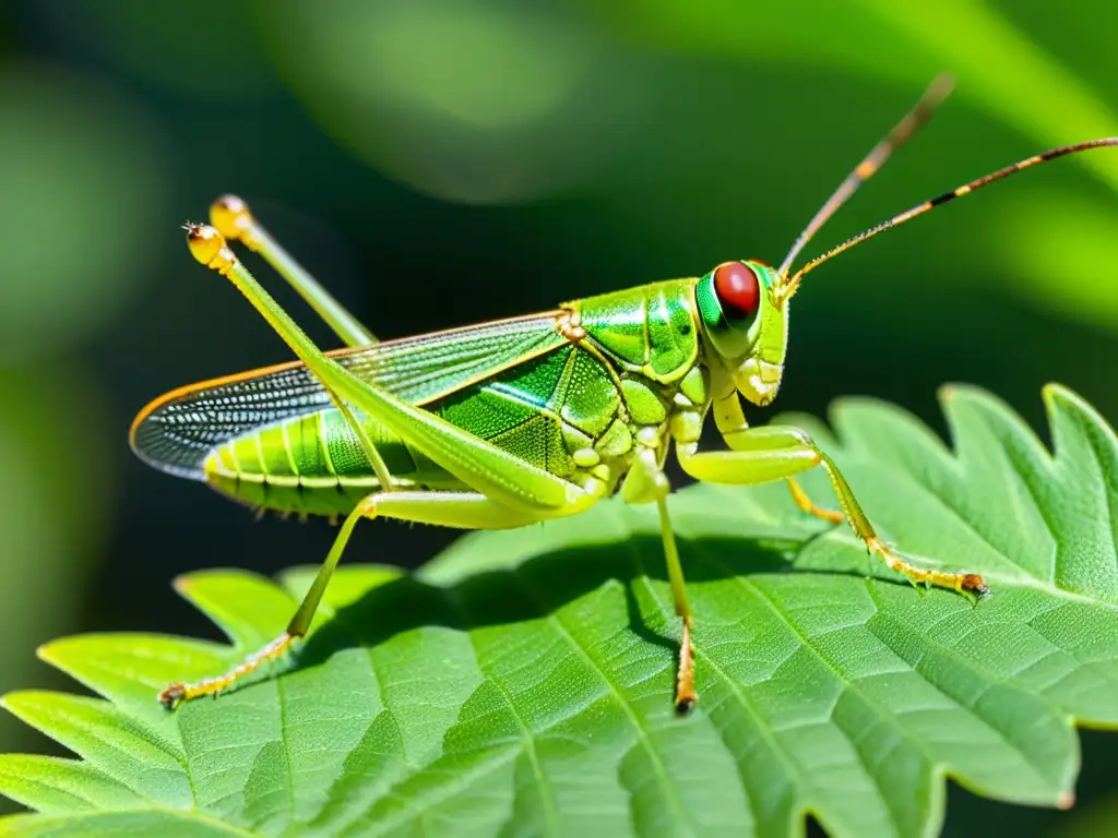 Un detallado retrato de un saltamontes verde sobre una hoja, con sus alas translúcidas, cuerpo segmentado y grandes ojos compuestos