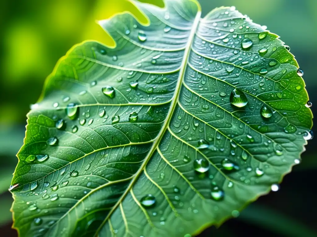 Fotografía de un detallado y vibrante verde de una hoja con patrones intrincados y diminutas gotas de agua, reflejando la luz del sol