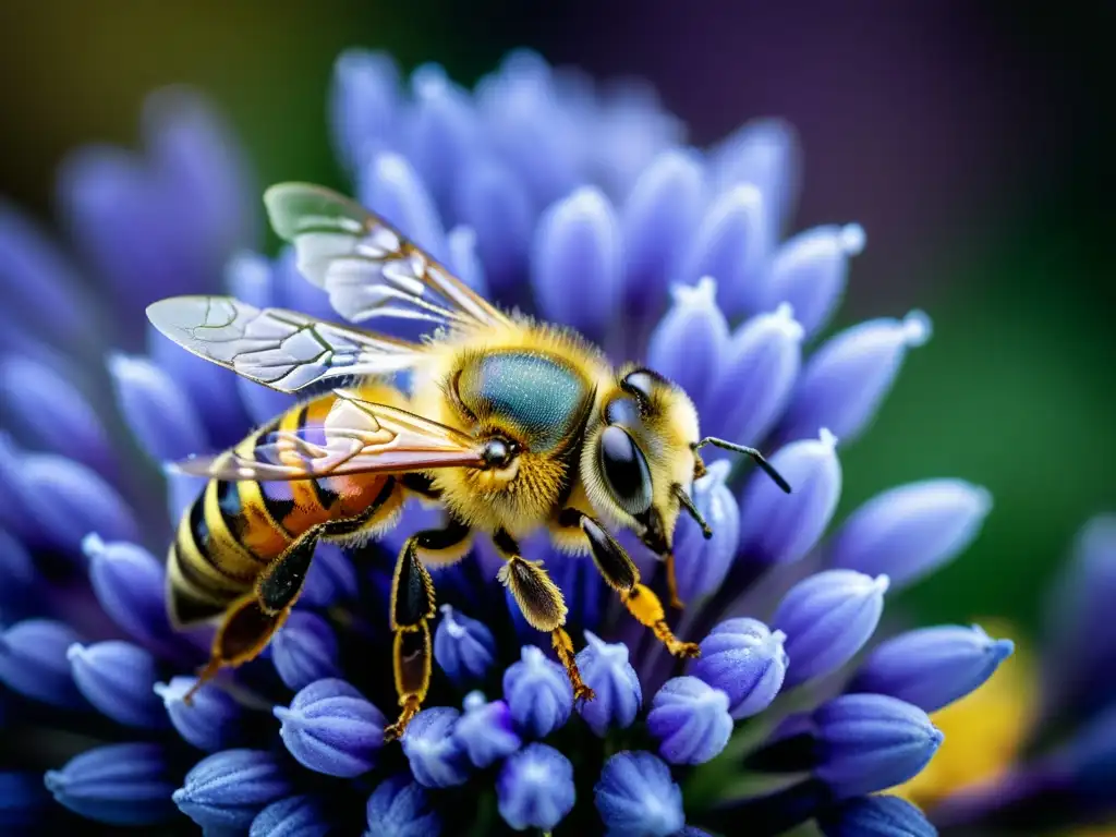 Detalle de abeja cubierta de polen sobre flor de lavanda