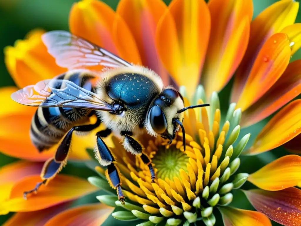 Detalle de una abeja cubierta de polen amarillo junto a una flor naranja, destacando la dispersión de semillas por insectos