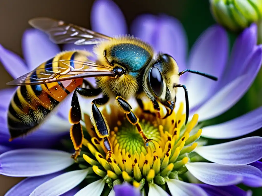 Detalles asombrosos: Abeja cubierta de polen en flor Detalle de abeja cubierta de polen en flor violeta, resaltando importancia polinización insectos ecosistemas
