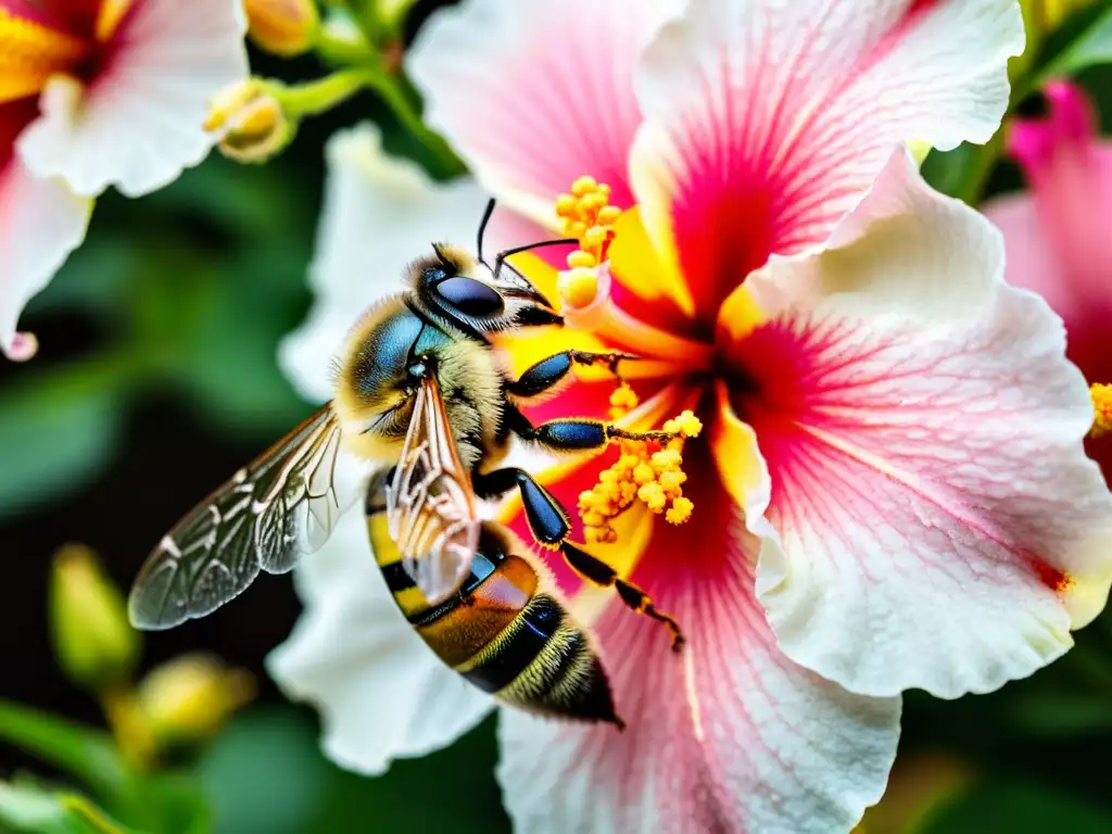 Detalle de abeja cubierta de polen amarillo sobre flor de hibisco, mostrando comportamiento de los insectos en agricultura