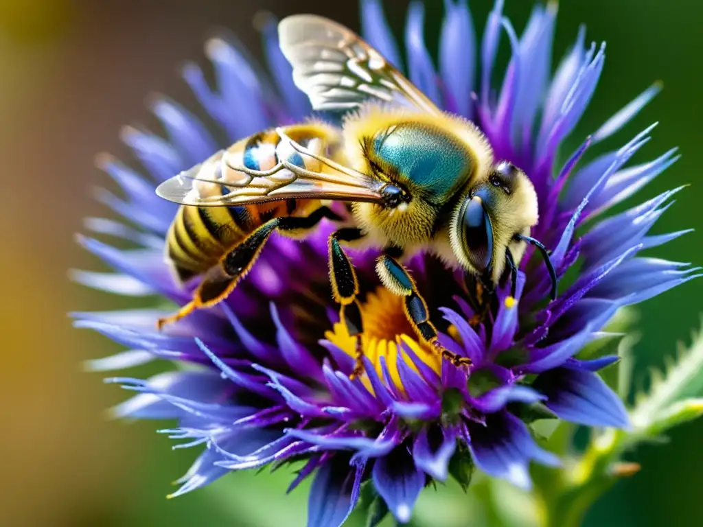 Detalle de una abeja cubierta de polen sobre una flor morada, resaltando la vitalidad de las abejas en la agricultura mundial