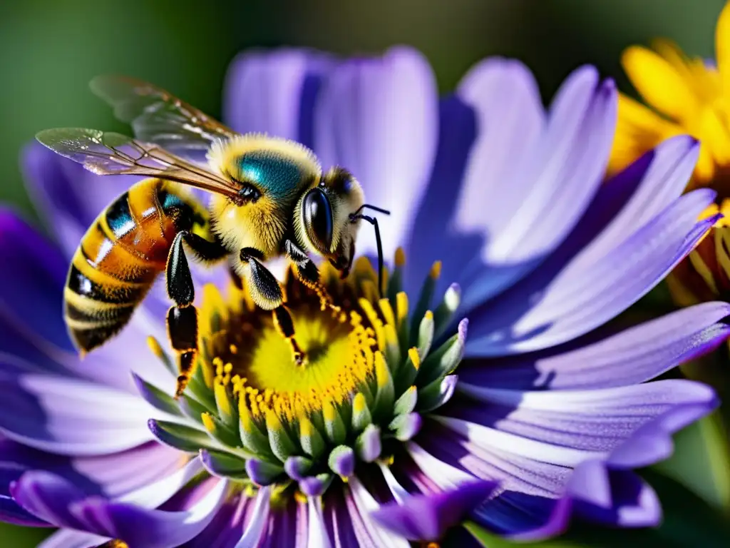 Detalle de una abeja cubierta de polen amarillo sobre una flor morada, ilustrando la coevolución plantas insectos polinización