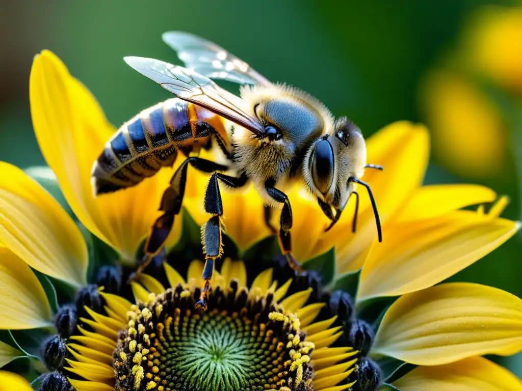 Detalle de abeja cubierta de polen en girasol, resaltando la importancia de la polinización cruzada en la biodiversidad de cultivos