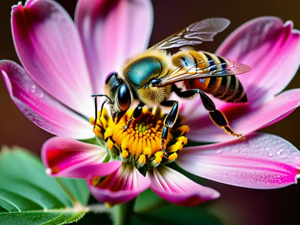 Detalle de una abeja cubierta de polen, revoloteando alrededor de una flor rosada