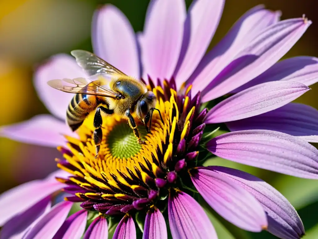 Detalle de abeja cubierta de polen en polinización sobre flor morada