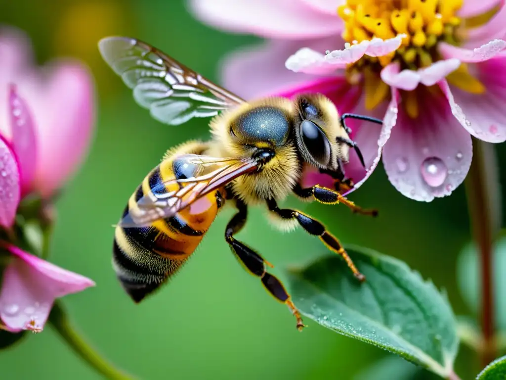 Detalle de una abeja cubierta de polen amarillo sobre una flor rosa, resaltando la importancia de la apicultura urbana