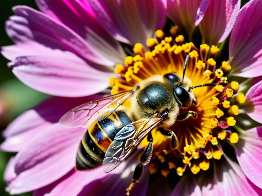 Detalle de una abeja cubierta de polen amarillo sobre una flor rosada