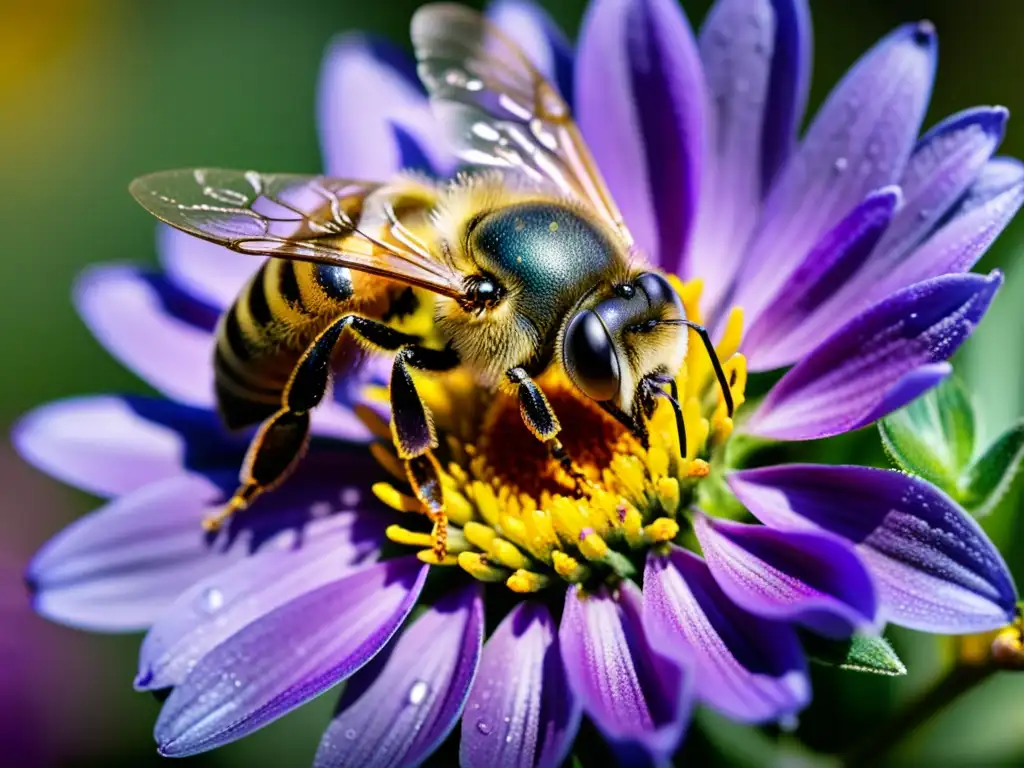 Detalle de una abeja cubierta de polen en una flor morada, resaltando la importancia de las abejas en ecología