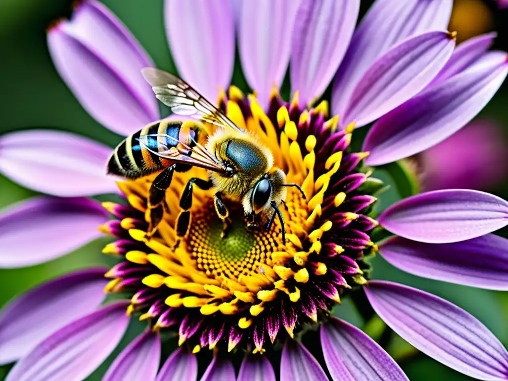 Detalle de abeja cubierta de polen amarillo sobre flor morada