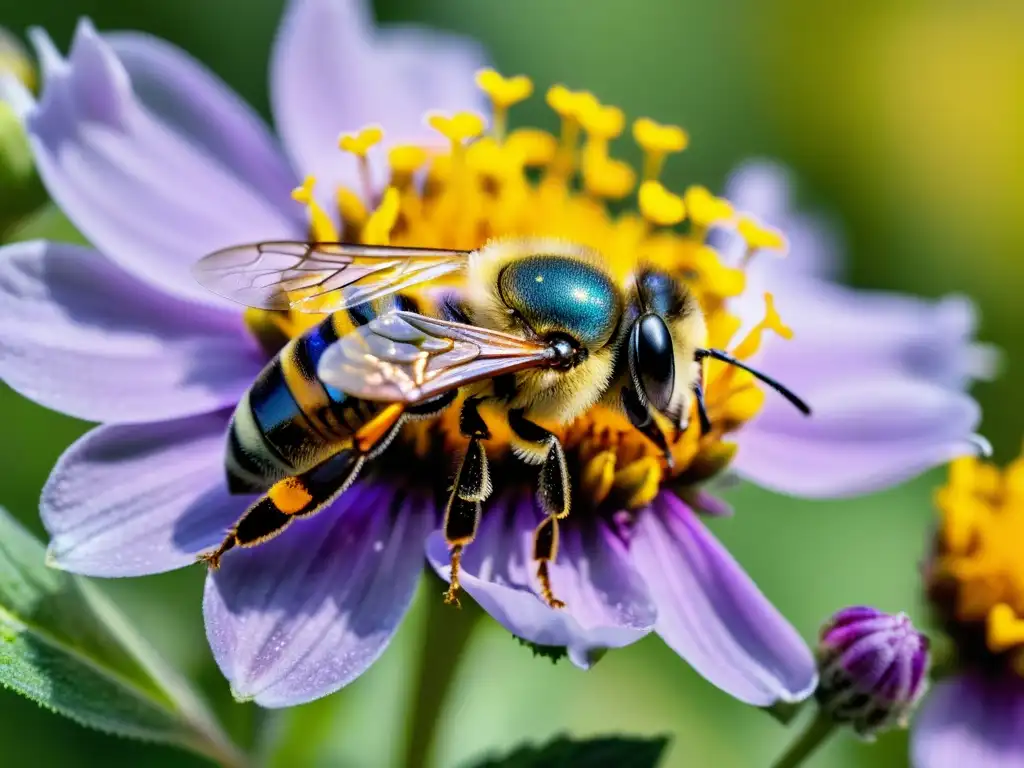 Detalle de una abeja cubierta de polen amarillo en una flor silvestre morada, resaltando la belleza y fragilidad de los insectos en su hábitat