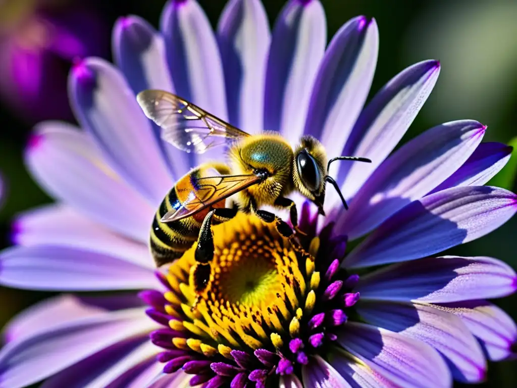 Detalle de una abeja cubierta de polen sobre una flor morada, resaltando la importancia de los insectos en ecosistemas