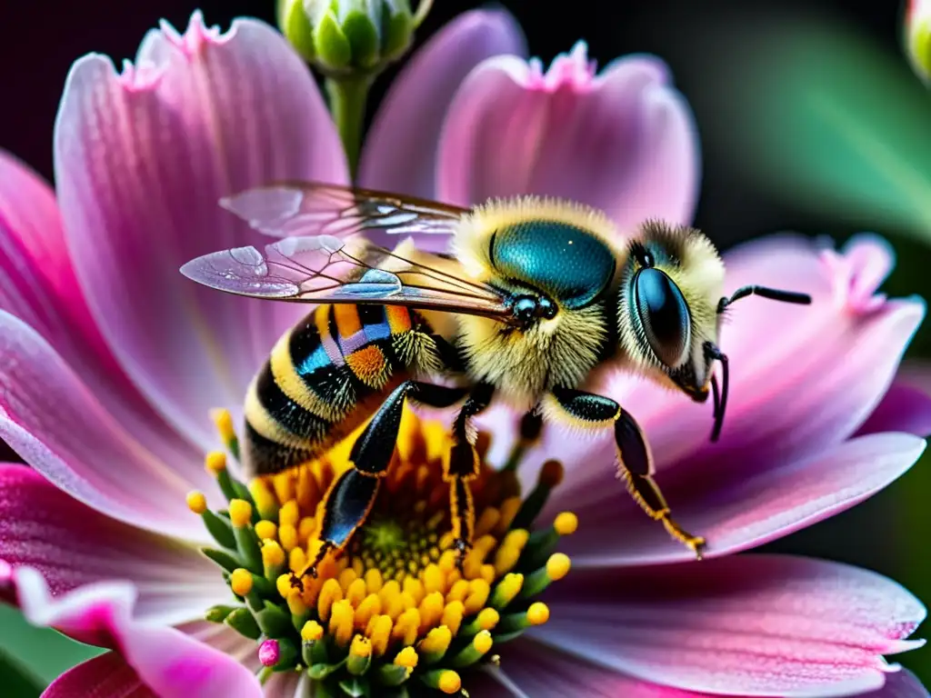 Detalle de una abeja cubierta de polen sobre una flor rosada, ilustrando la importancia de los insectos en la dispersión de semillas