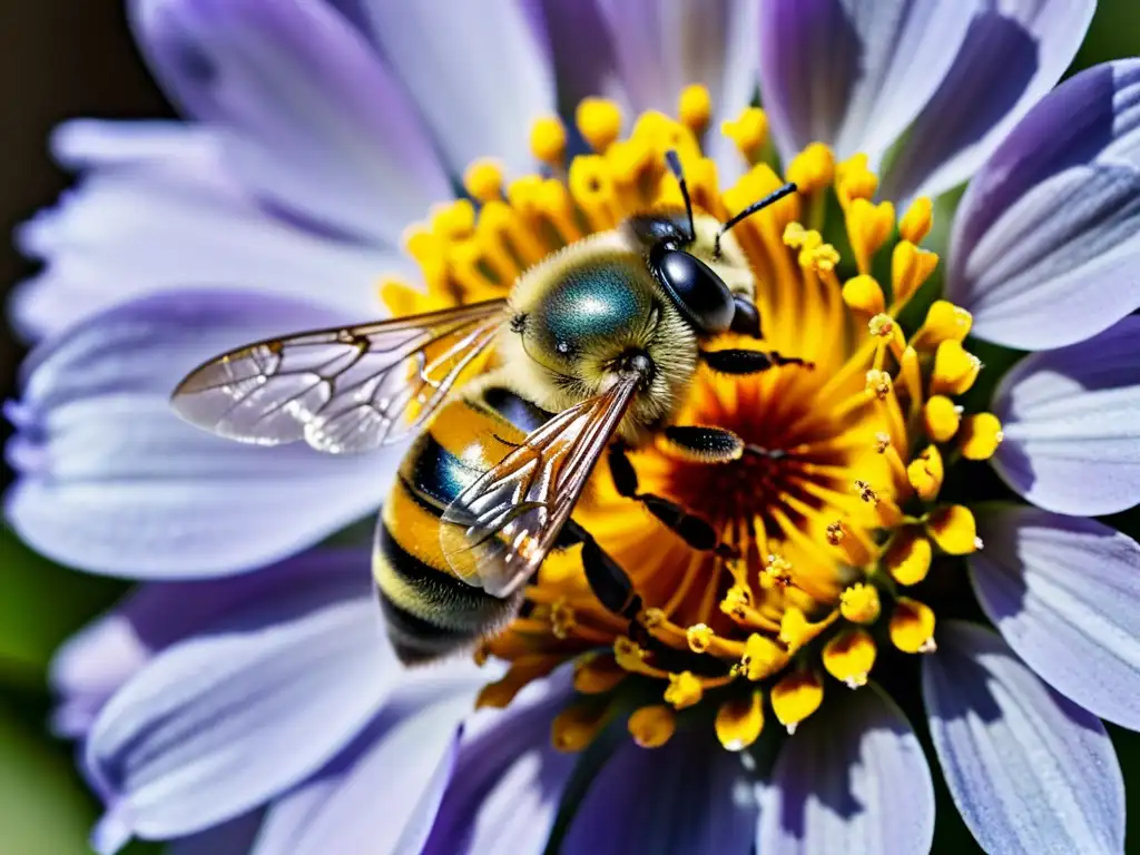 Detalle de una abeja cubierta de polen en pleno vuelo cerca del centro vibrante de una flor