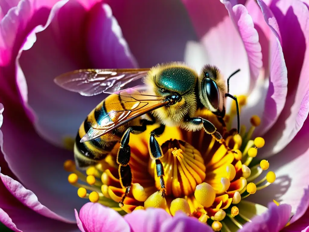 Detalle de abeja cubierta de polen amarillo, polinizando una peonía rosa