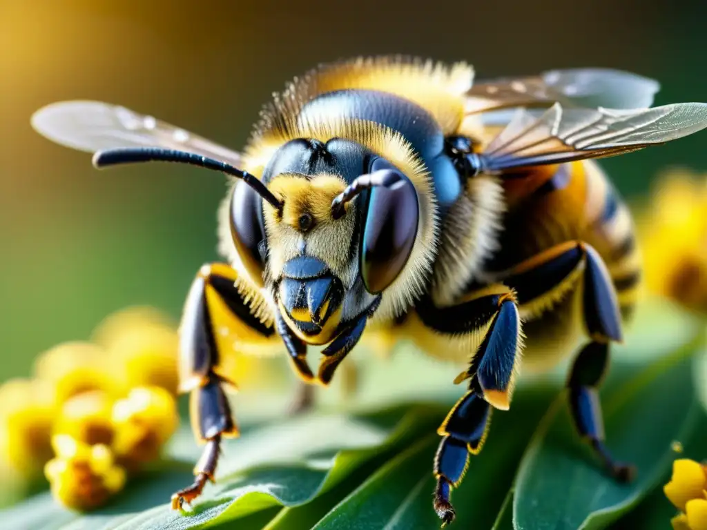 Detalle de abeja cubierta de polen con anatomía detallada resaltando su eficiencia energética