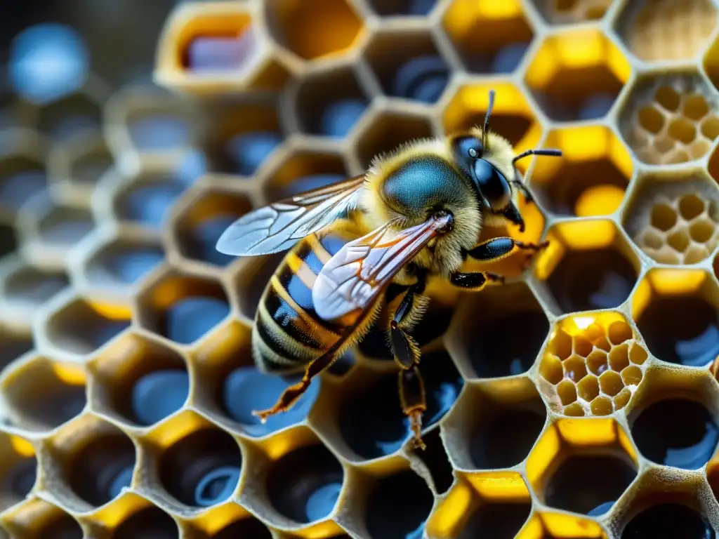 Detalle de abeja realizando danza de señalización en cautivadora colmena, comunicación de insectos