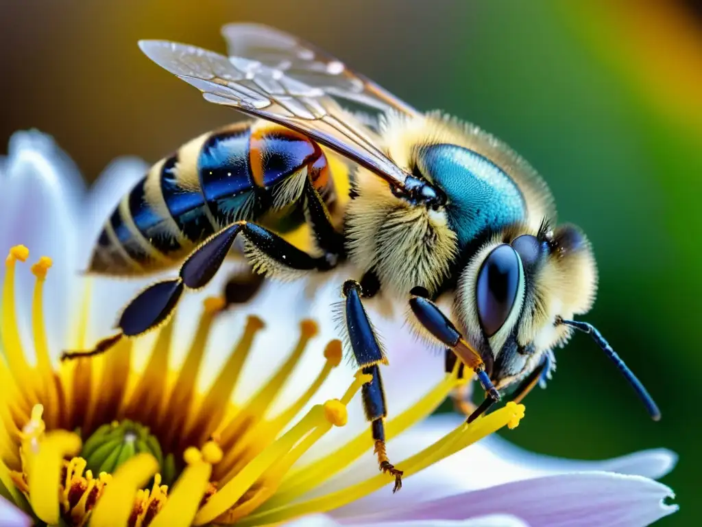 Detalle de abeja polinizando una delicada flor, resaltando la importancia de los insectos en ecología