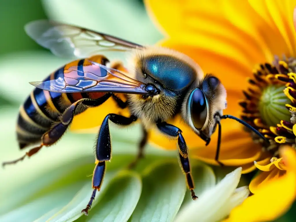 Detalle de abeja recolectando néctar en flor